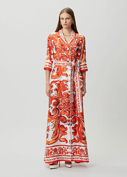 Orange White Maxi Silk Dress
