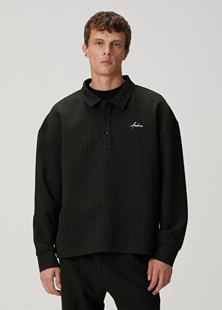 Black Line Patterned Polo Sweatshirt