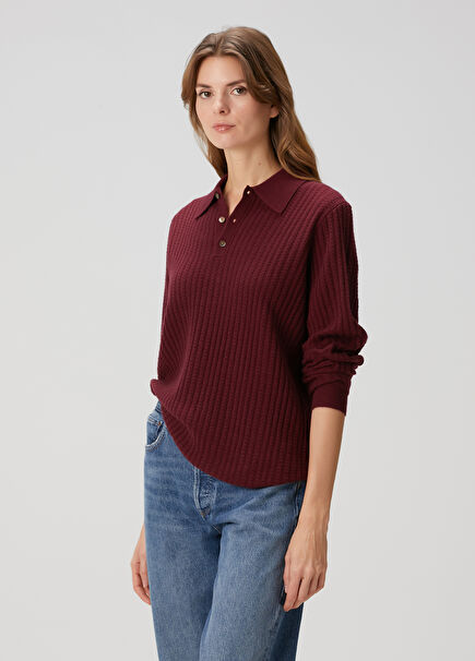 Plum Waffle Textured Polo Collar T-Shirt