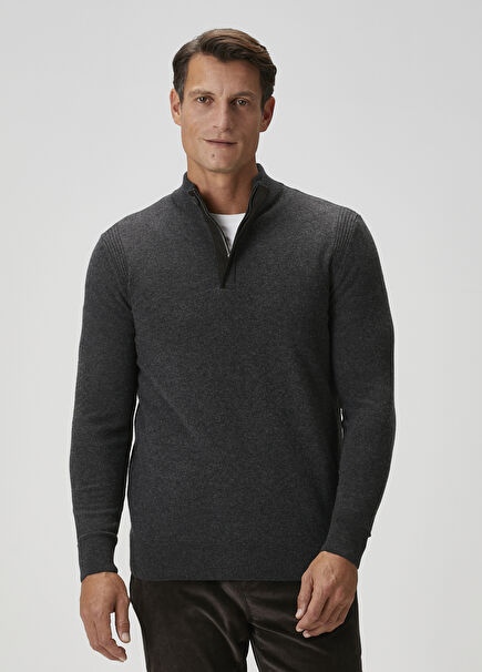 Antrasit Yakası Fermuarlı Yün Kazak