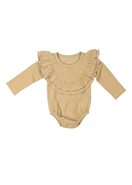 Bej %100 Pamuk Uzun Kollu Volanlı Kız Bebek / Çocuk Body 