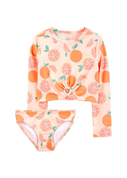 Turuncu Baskılı Kız Çocuk 2'li Mayo Seti