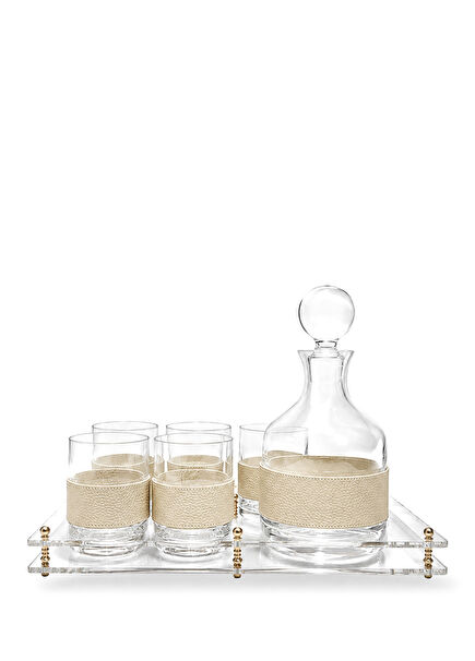 Cream Leather Belted Glass Whiskey Glass and Carafe Set