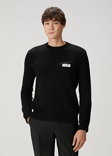 Siyah Logo Baskılı Yün Kazak