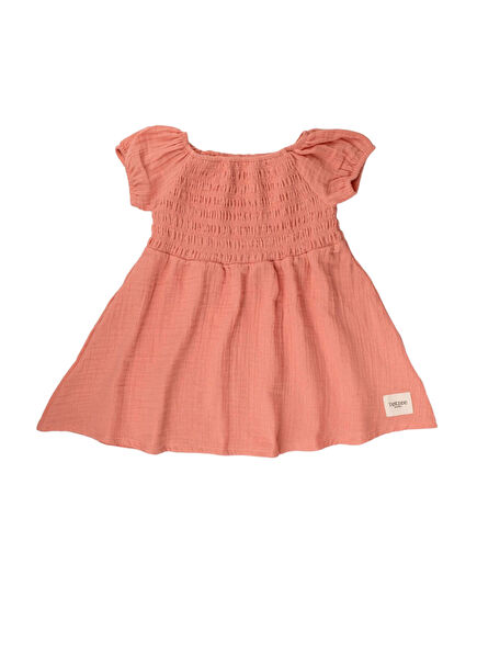 Coral Color Muslin Gipe Short Sleeve Baby Girl Dress