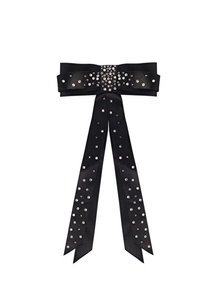 Glossy Bow Siyah Saten Kristal Taşlı Kadın Otomatik Toka