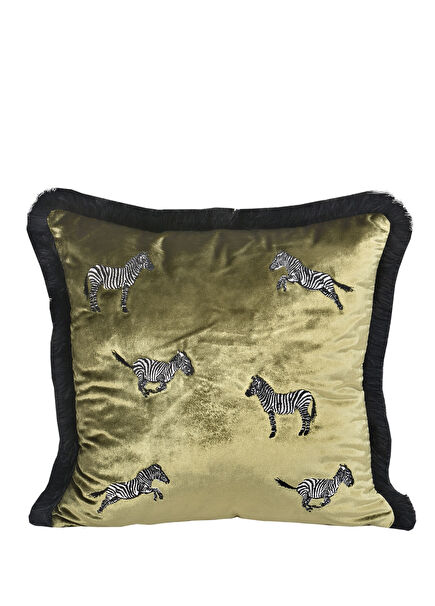 Dekoratif Zebra Nakış İşlemeli Siyah Püsküllü Yeşil Kadife Yastık Kılıfı 45x45 cm