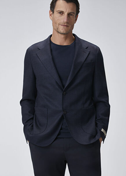 Navy Blue Plaid Patterned Wool Jacket