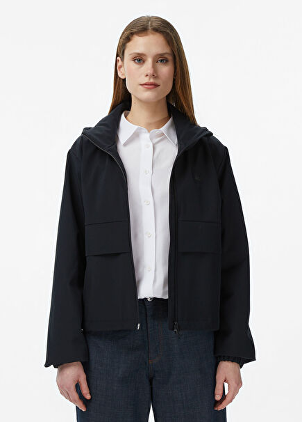 Black Printed Hooded Regular Fit Women's Raincoat