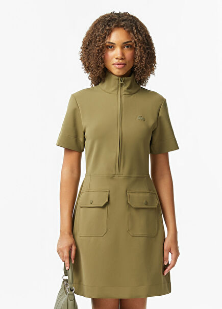 Haki Dik Yaka Classic Fit Kısa Kollu Kadın Elbise