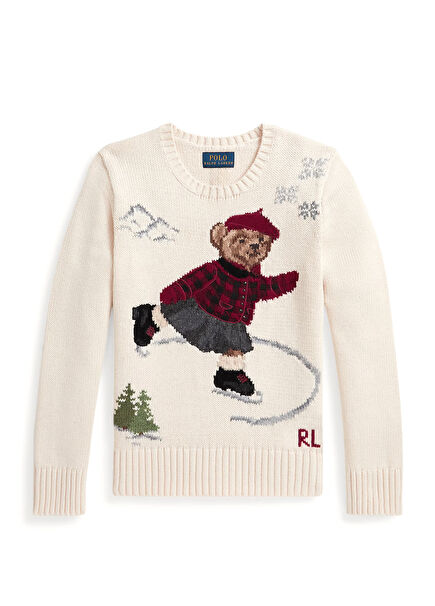 Cream Teddy Bear Jacquard Girl Sweater