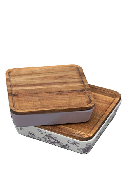 Monplaisir Square Porcelain 2-Piece Cooking Set with Wooden Lid