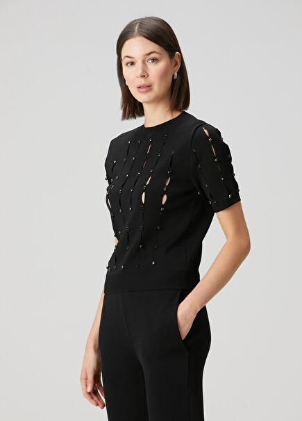 Black Crystal Embellished Knit Blouse