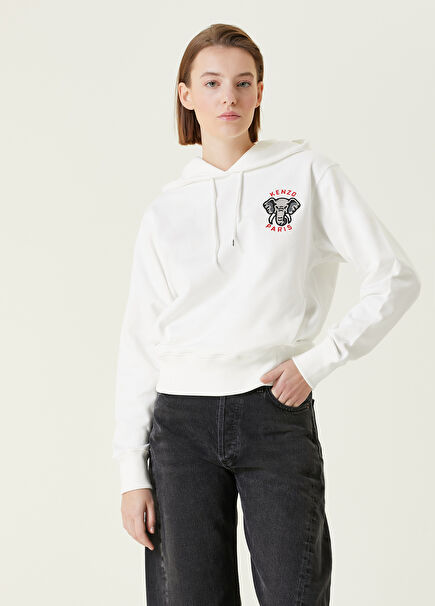 Elephant Kırık Beyaz Kapüşonlu Nakışlı Sweatshirt