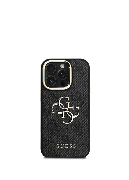 iPhone 15 Pro Max PU Deri Kamera Standlı Metal Büyük 4G Yazı Logolu Siyah Telefon Kılıfı