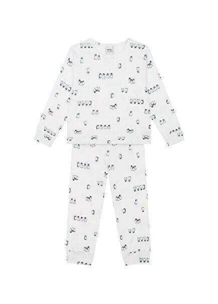 Penguen Adası Beyaz Uzun Kollu Erkek Çocuk Pijama Takımı