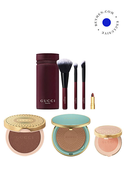 Beauty Blush 02 Tender Apricot + Poudre De Beauté Éclat Soleil 3 Medium  + Glow Highlighter 05 Warm Bronze + Gucci Fırça Seti + Mini Ruj Makyaj Seti