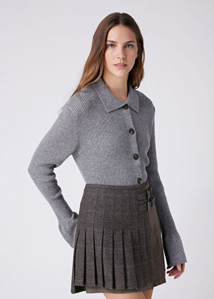 Grey Mélange Wool Polo Cardigan