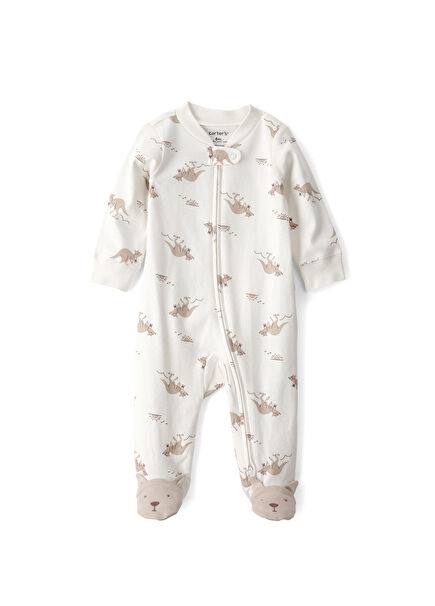 Bej Desenli Uzun Kollu Fermuarlı Unisex Bebek Uyku Tulumu