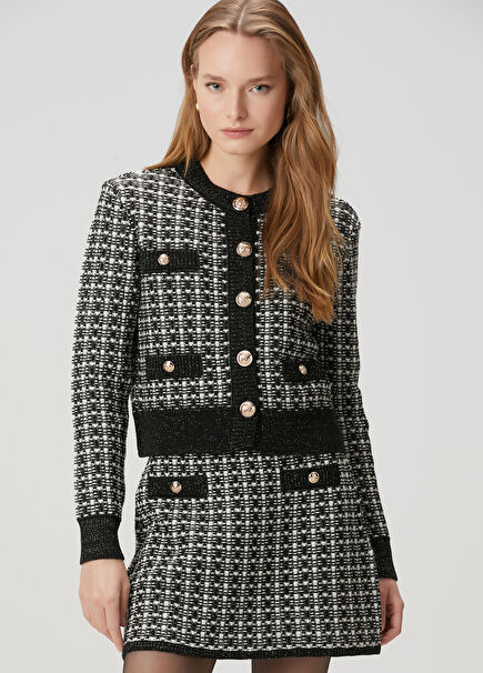 Black White Tweed Textured Knit Jacket