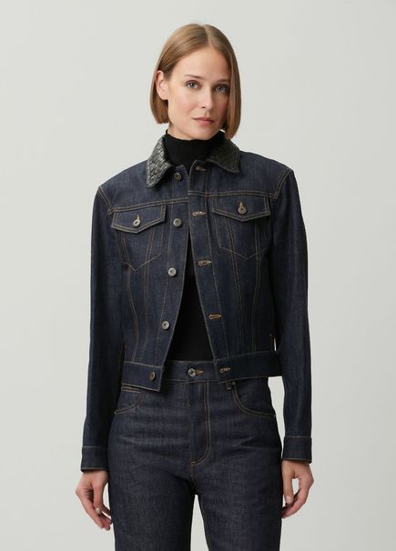 Indigo Leather Knit Collar Denim Jacket