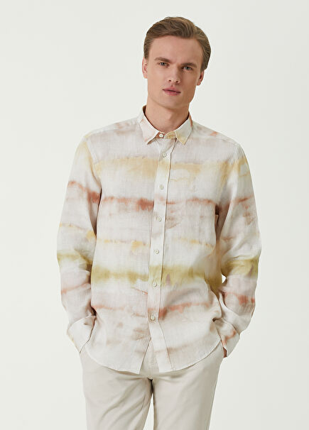 Comfort Fit Sarı Batik Desenli Keten Gömlek