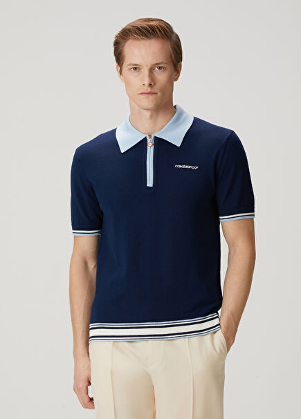 Lacivert Polo Yaka Kısa Kollu Yün Triko