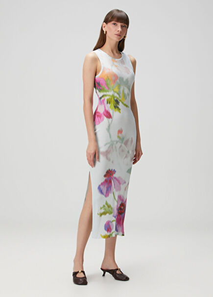 Çiçekli Midi İpek Elbise