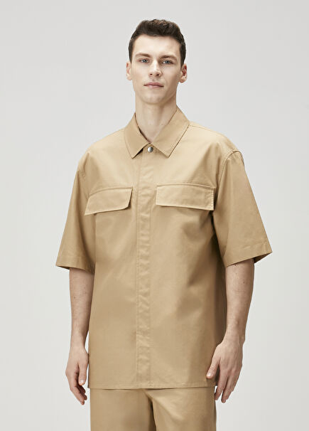 Beige Logo Embroidered Short Sleeve Shirt