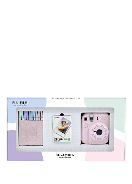 Instax Mini 12 Pink Camera + 10-Piece Film & Latch Bundle Box