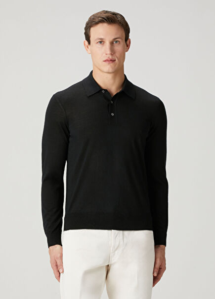 Siyah Polo Yaka Yün Triko