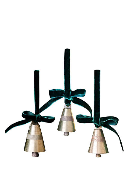 X Den.interiors Christmas Tree Decoration Set 3-Pack Dark Green Velvet Ribbon Gold Bell Ornament