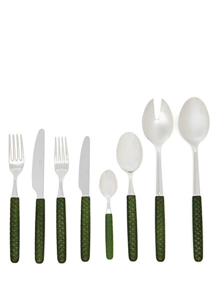 Intreccio Leather Yeşil Çelik 74 Parça Çatal Bıçak Kaşık Seti