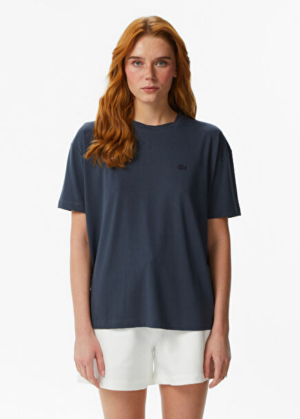 Koyu Gri Relaxed Fit Bisiklet Yaka Kısa Kollu Kadın T-Shirt