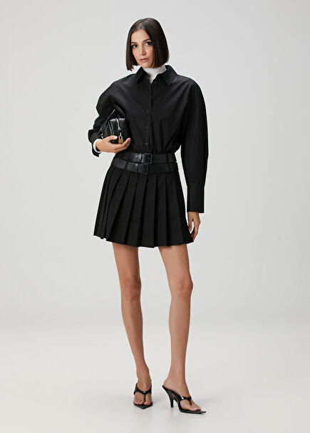 Siyah Çift Kemerli Mini Yün Etek