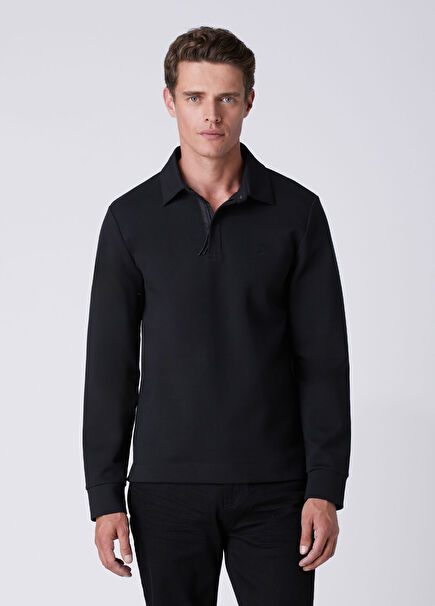 Comfort Fit Siyah Polo Yaka Interlock Sweatshirt