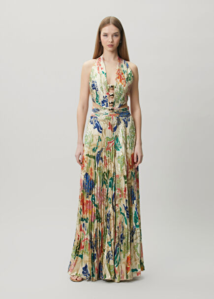 Ecru Pleated Maxi Evening Dress