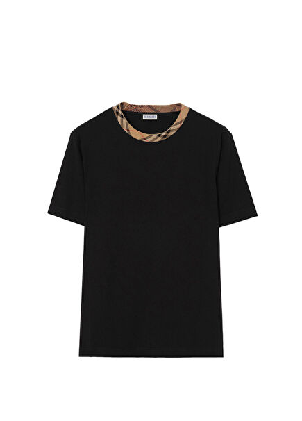 Check Trim Black Cotton Short Sleeve Men's T-Shirt