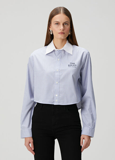 Mavi Pötikareli Crop Gömlek