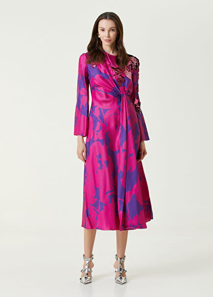 Pink Floral Midi Silk Dress