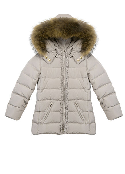 Bej Kapüşonlu Kız Çocuk Doudoune Mont