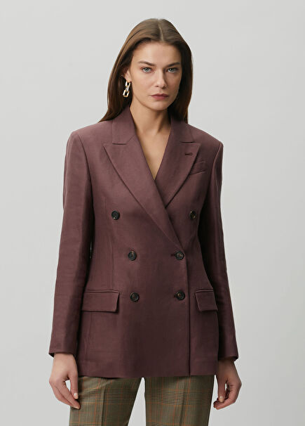 Mürdüm Kruvaze Keten Ceket