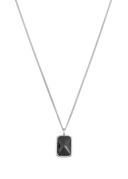 Siyah Taşlı Gümüş Kaplama Çelik Erkek Kolye