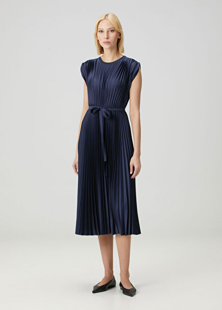 Volta Lacivert Pileli Midi Elbise