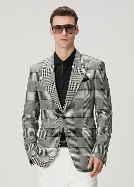 Black White Plaid Patterned Wool Jacket