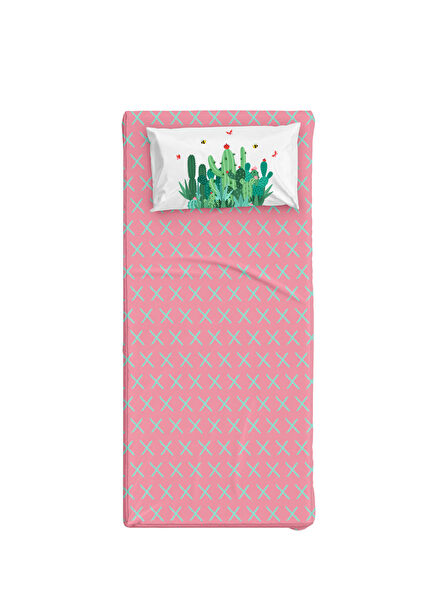 Cactopia Pembe Mint Pamuk Saten Unisex Çocuk Çarşaf Seti 90 x 190 cm