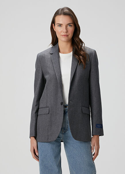 Grey Stripe Print Wool Blazer