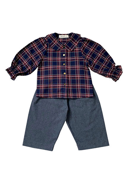 Checkered Long Sleeve Girls' Shirt and Pants Set of 2