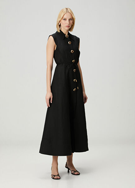 Sacha Siyah Midi Keten Elbise