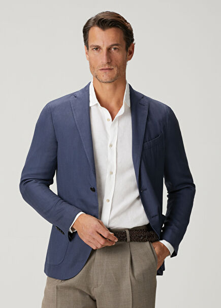 Lacivert Balıksırtı Desenli Yün Triko Ceket